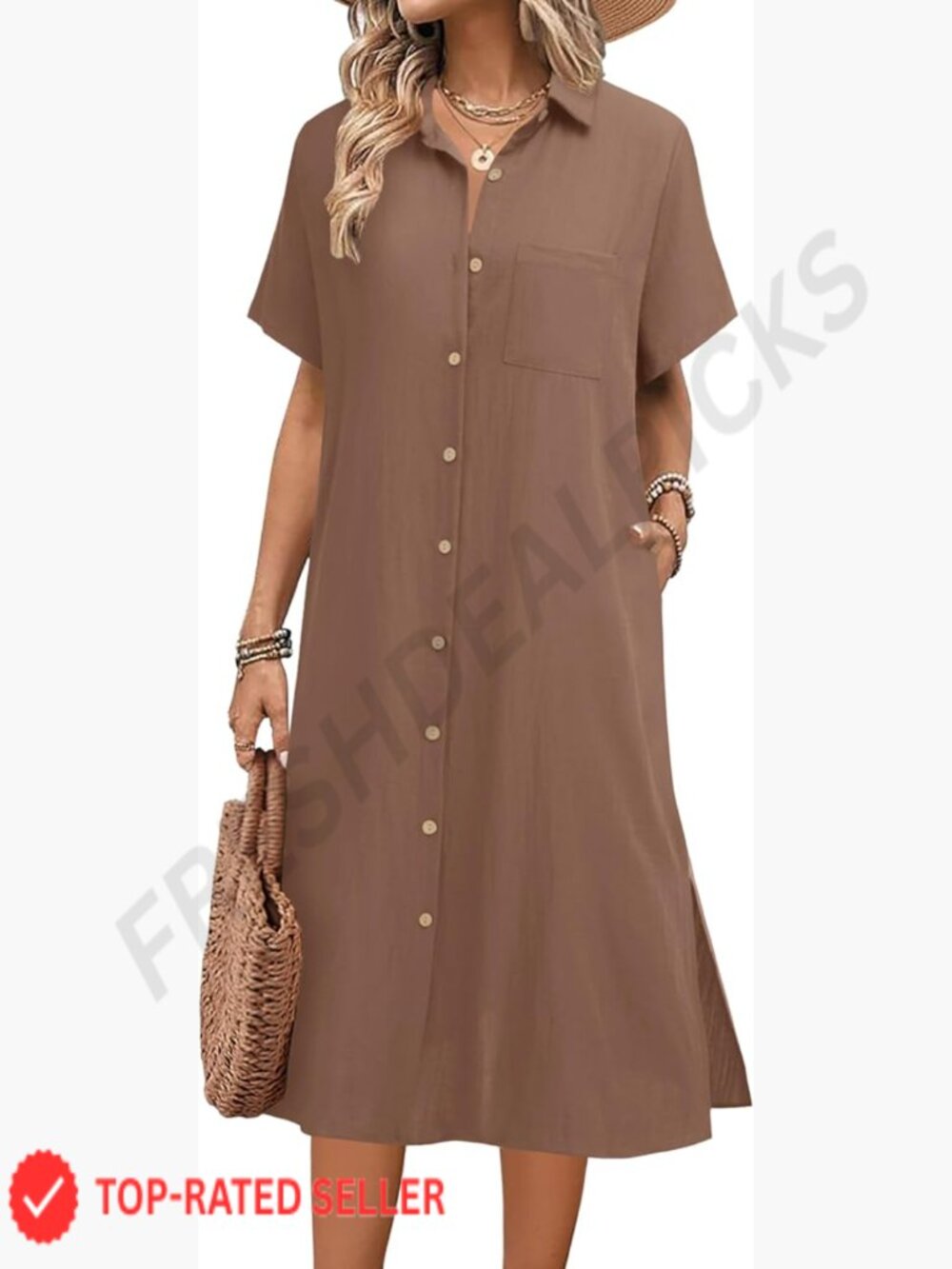 Linen Midi Shirt Dress Casual Loose Fit Button Down Summer Beach Cover Up